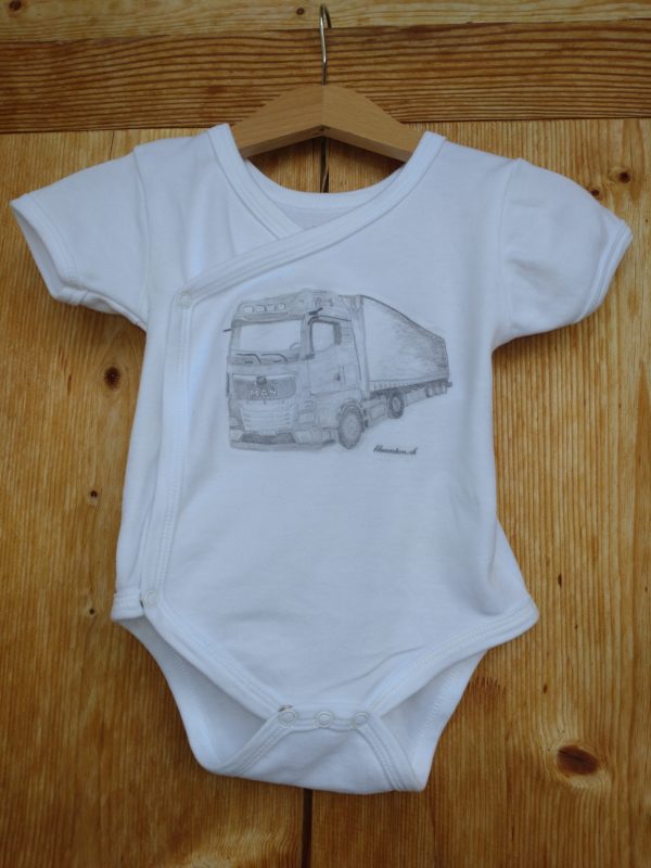 Babybody bedruckt mit Sattelschlepper Bleistiftzeichnung